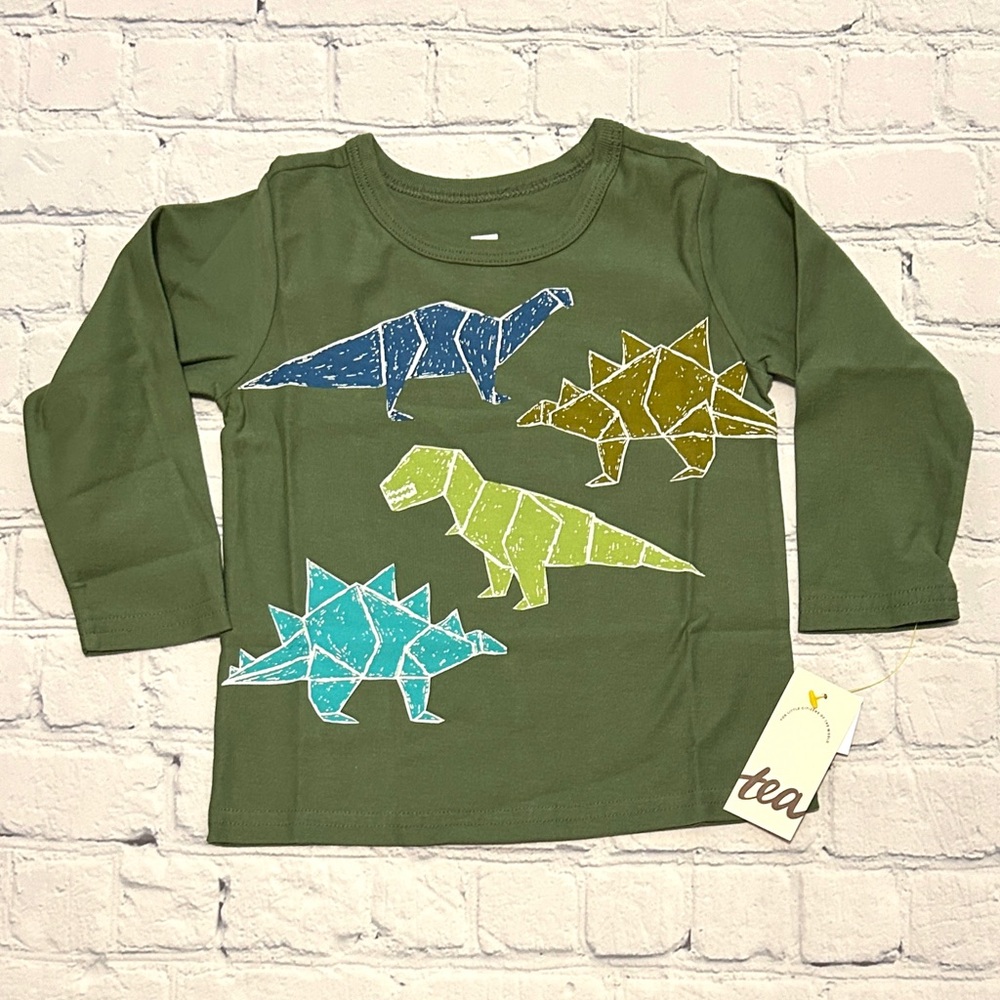Tea Collection Green Long Sleeve Cotton Dinosaur Tee (12-18 Mos) - Two Available